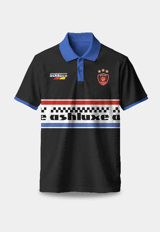 Ashluxe Racing Polo T-shirt Black-- Hooded Caped Shawl Collar