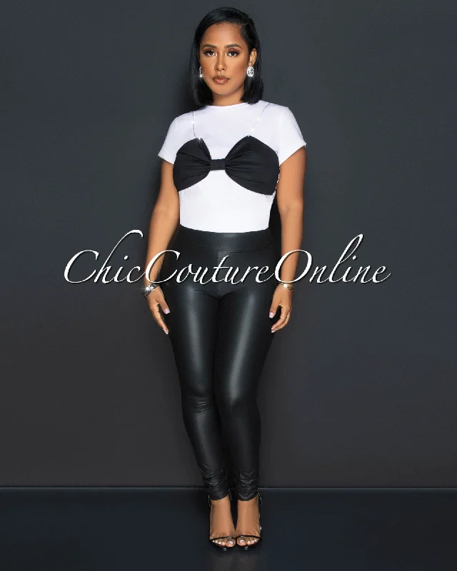 Benson White Black Bow & Rhinestones Accent T-Shirt-- Cozy Warm Stylish