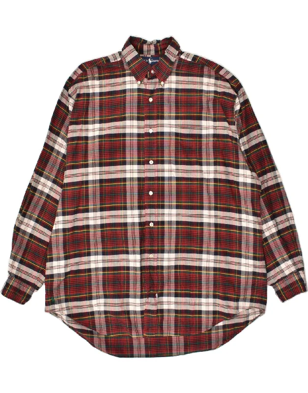 RALPH LAUREN Mens Shirt Large Red Check Cotton-- Graphic Embroidered Appliqued