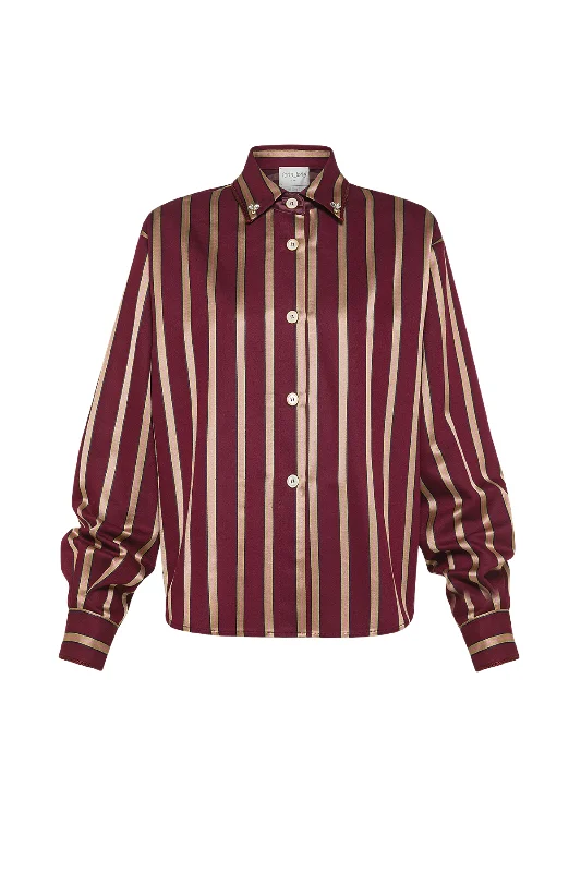 Cropped Stripe Satin Shirt-- Faux Fur Fabric Real Fur Fabric Shearling Fabric
