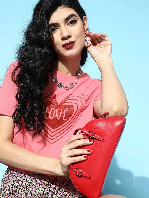 Pink With Red Glitter Heart Crop Boxy T-Shirt-- Fashionable Trendy Casual
