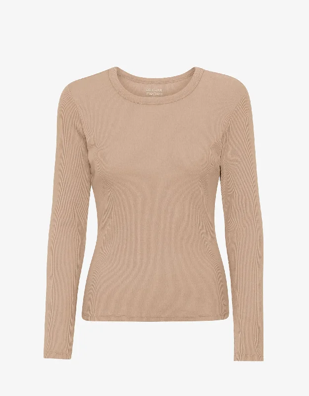 Women Organic Rib LS T-Shirt - Honey Beige-- Spandex Blend Rayon Blend Denim Blend