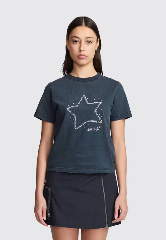 Women's Star T-Shirt - Used Black-- Ribbed Striped Patterned