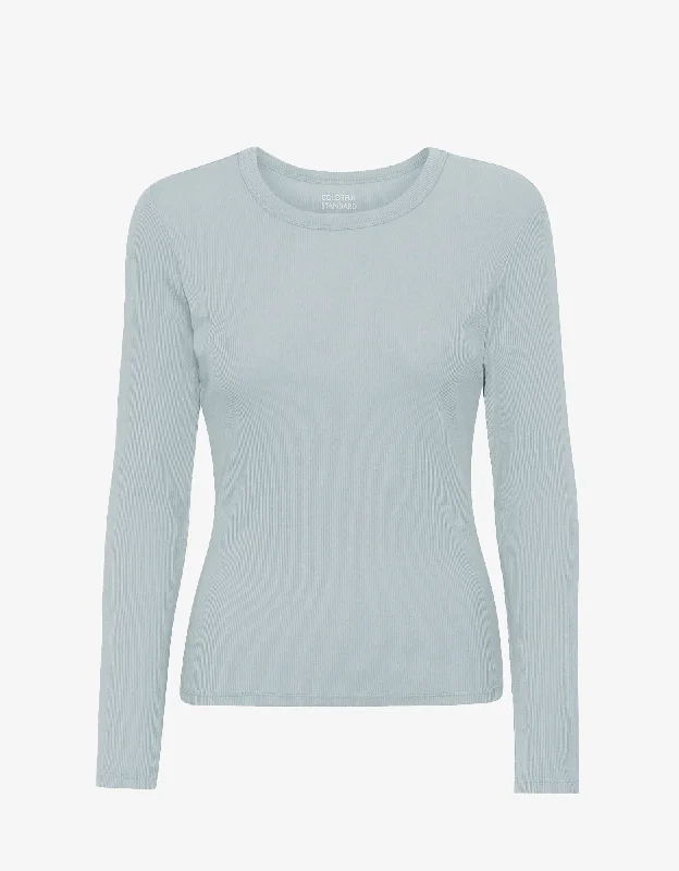 Women Organic Rib LS T-Shirt - Cloudy Grey-- Zippered Front Buttoned Front Snap Front