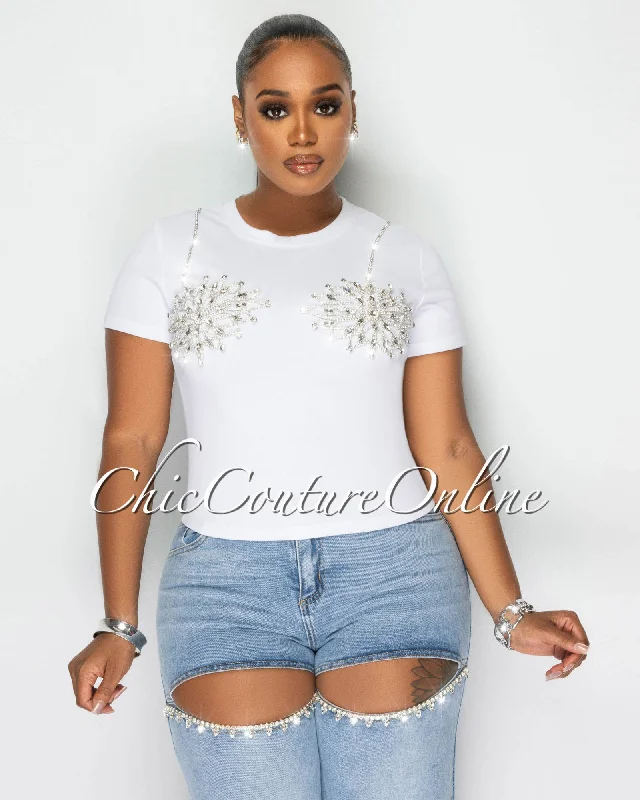 Wisin Off-White Rhinestones Bust Accent T-Shirt-- Fitted T-Shirt Seamless Stretchy