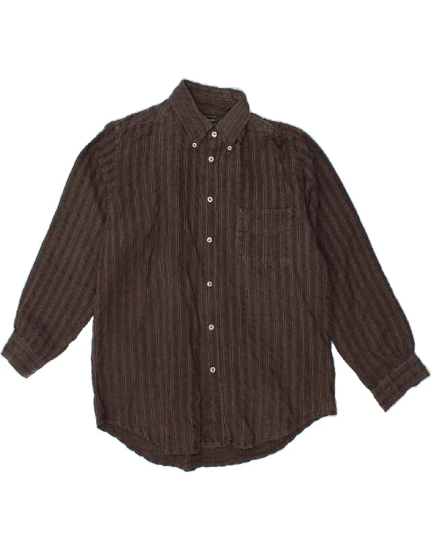 MARLBORO CLASSICS Mens Shirt Large Brown Striped Cotton-- Zippered Front Buttoned Front Snap Front