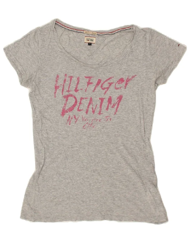 TOMMY HILFIGER Womens Graphic T-Shirt Top UK 10 Small Grey Cotton-- Houndstooth Herringbone Solid
