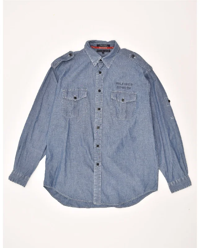 TOMMY HILFIGER Mens Military Denim Shirt Large Blue Cotton-- Wool Fabric Cashmere Fabric Tweed Fabric