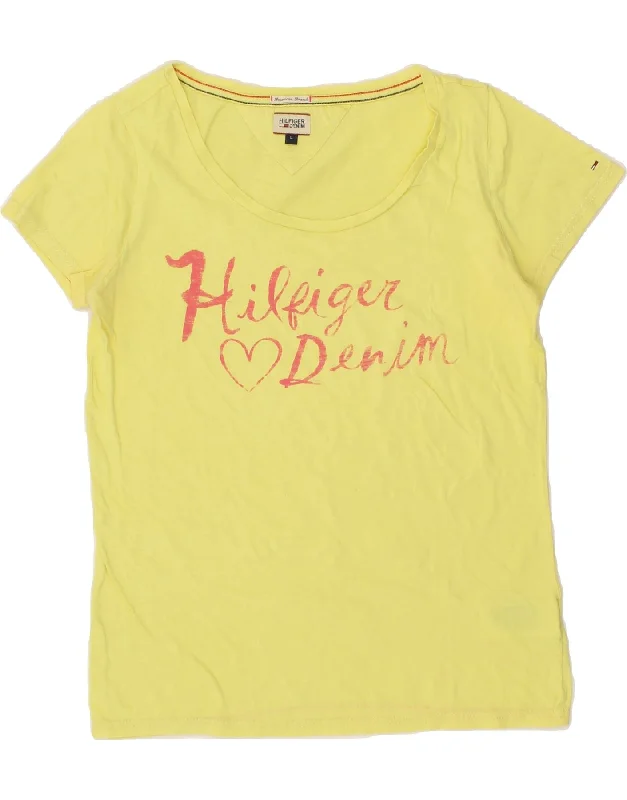 TOMMY HILFIGER Womens Graphic T-Shirt Top UK 14 Large Yellow Cotton-- Notch Collar Peter Pan Collar Cowl Neck