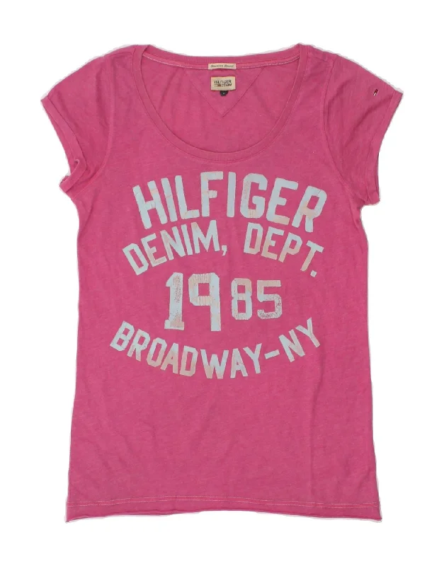 TOMMY HILFIGER Womens Graphic T-Shirt Top UK 10 Small Pink-- Collared Crew Neck Turtle Neck