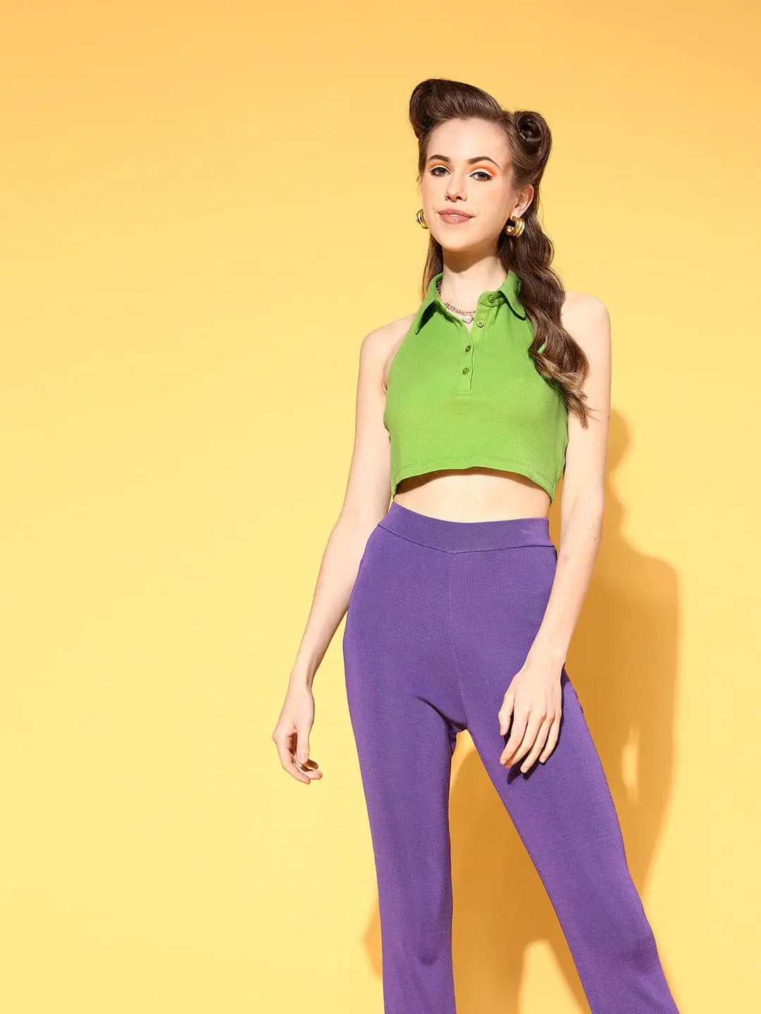 Women Green Polo Halter Crop T-Shirt-- Chenille Blend Fleece Blend Nylon Blend