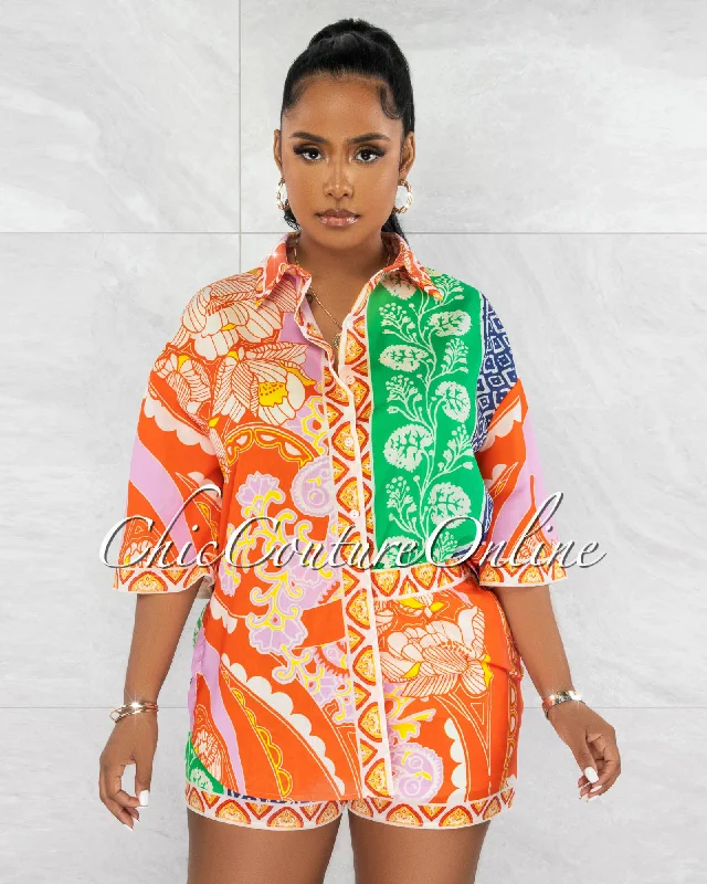 Terrel Orange Green Print Shirt & Shorts Set-- Fleece Fabric Down Fabric Feather Fabric