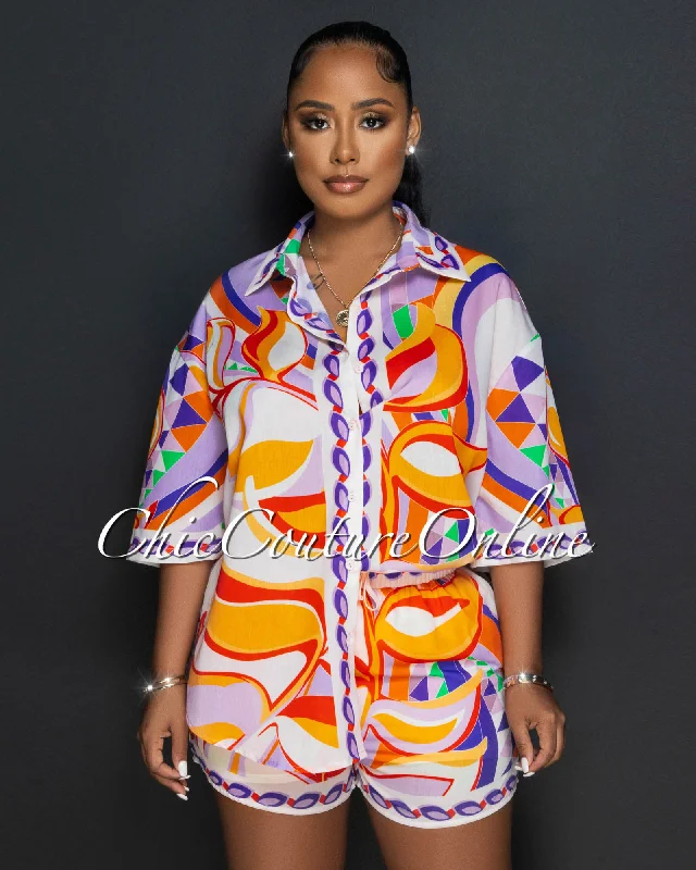 Kristina Orange Lilac Multi-Color Print Shirt & Shorts Set-- Cotton Fabric Linen Fabric Terry Fabric