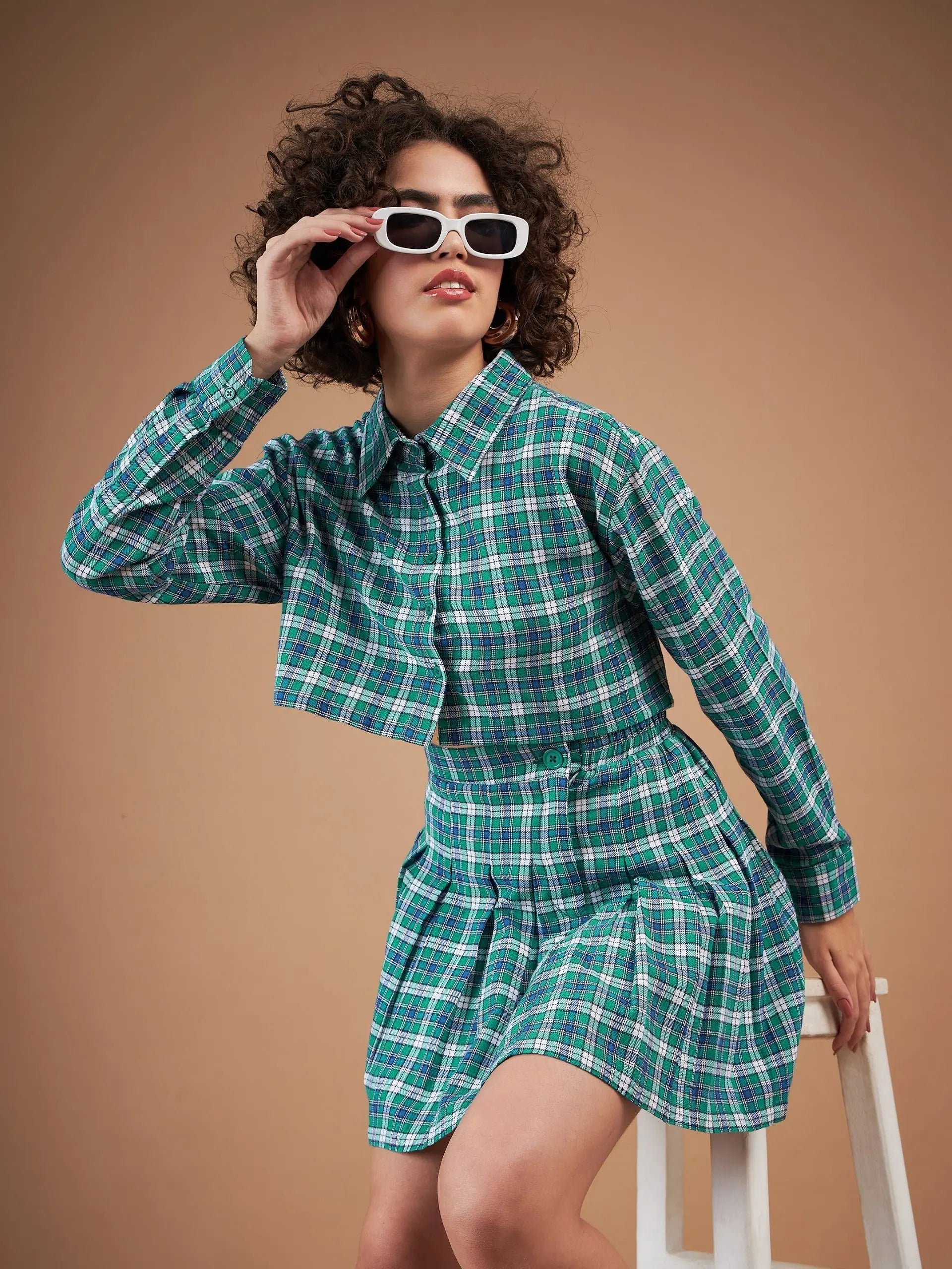 Women Green Yarndyed Check Crop Shirt With Mini Skirt-- Silk Blend Satin Velvet