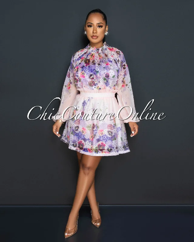 Aisha Pink Purple Print Sheer Shirt & Flutter Skirt Set-- Polka Dot Checkered Tartan