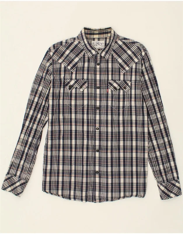 LEVI'S Mens Shirt Medium Navy Blue Check-- Hooded Caped Shawl Collar