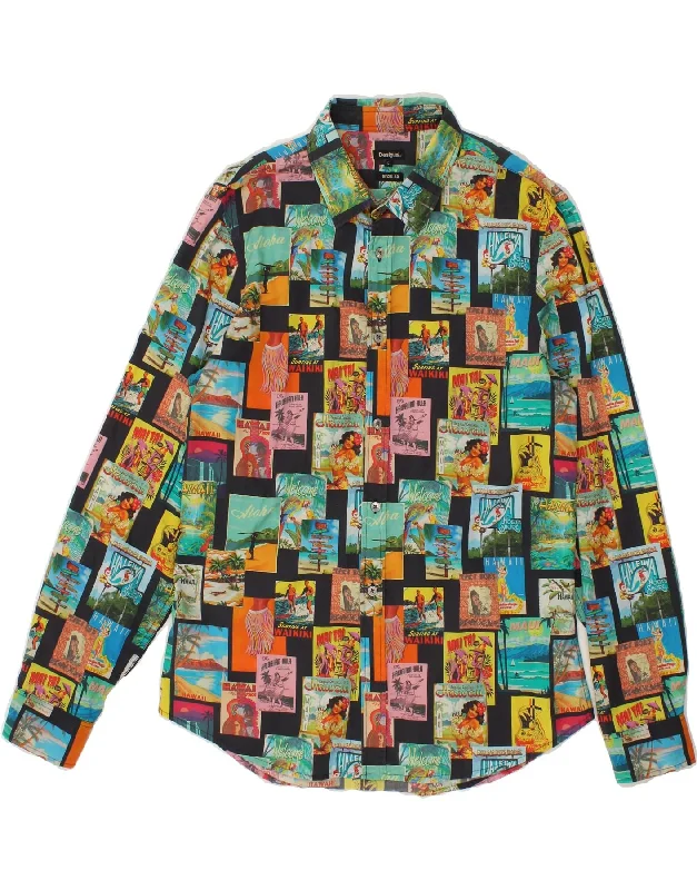 DESIGUAL Mens Regular Fit Shirt Large Multicoloured Patchwork Cotton-- Spandex Blend Rayon Blend Denim Blend