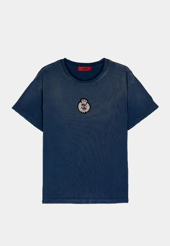 424 College T-Shirt With Patch Blue-- Embroidered Appliqued Beaded