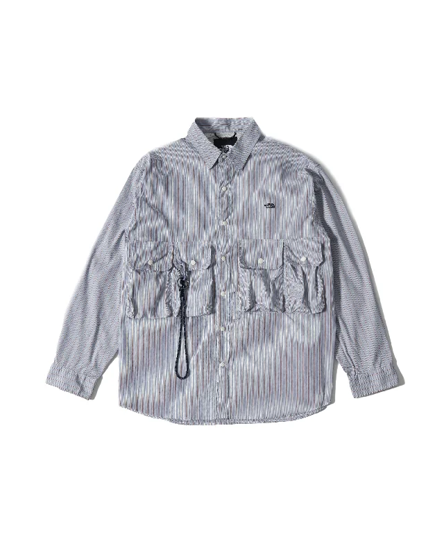 L/S Stripe Shirt - Stone Brown-- Zippered Front Buttoned Front Snap Front