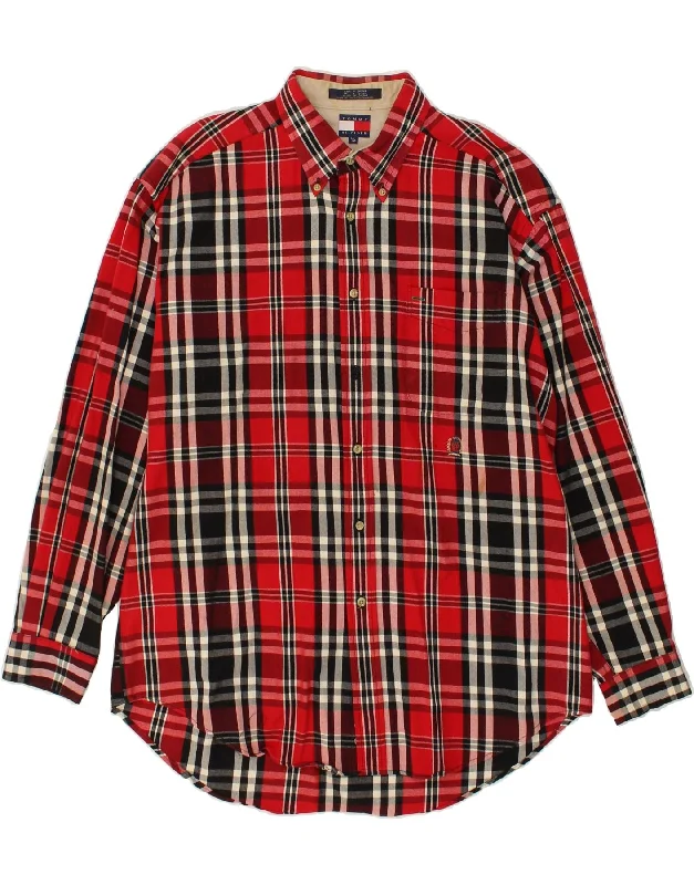 TOMMY HILFIGER Mens Shirt Large Red Check Cotton-- Plaid T-Shirt Polka Dot Checkered