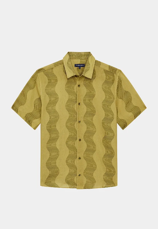 Frescobol Castro Cabana Stripe Linen Classic Shirt Lemon & Spinach-- Collared T-Shirt Boat Neck A-Line