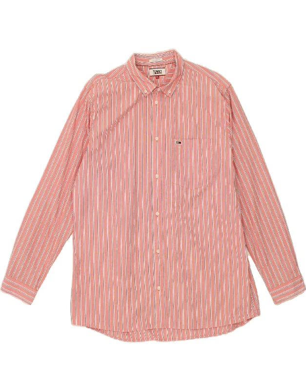 TOMMY HILFIGER Mens Regular Fit Shirt 2XL Pink Striped-- Lace Blend Ribbed Blend Corduroy Blend