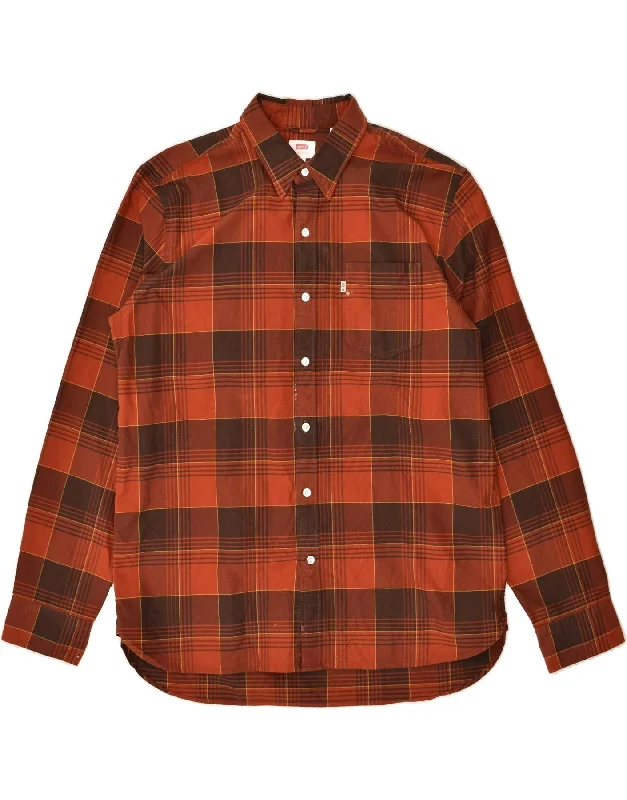 LEVI'S Mens Shirt XL Orange Check Cotton-- Satin Blend Silk Blend Wool Blend