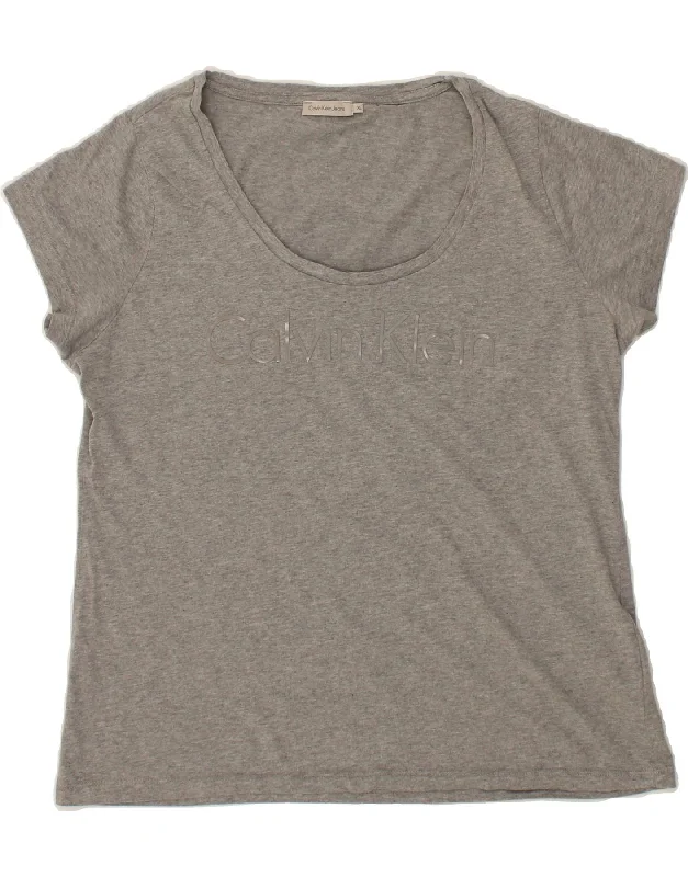CALVIN KLEIN JEANS Womens Graphic T-Shirt Top UK 18 XL Grey Cotton-- Spandex Blend Rayon Blend Denim Blend