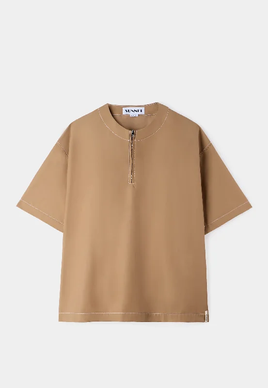 Sunnei Over T-Shirt W Zip Dbg Dark Beige-- V-Neck T-Shirt Long Sleeve Cotton