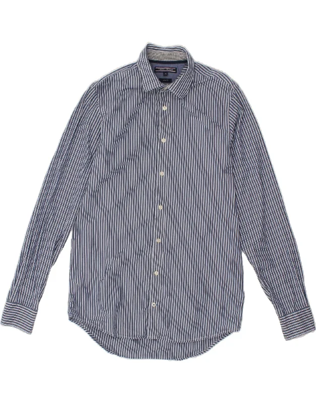 TOMMY HILFIGER Mens Slim Fit Shirt Medium Blue Pinstripe Cotton-- Mesh Canvas Denim