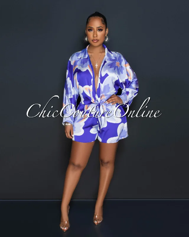 Issay Blue Multi-Color Print Shirt & Mini Shorts Silky Set-- Denim Fabric Leather Fabric Suede Fabric