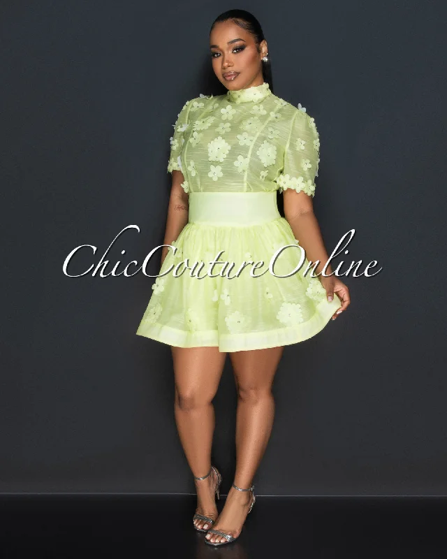 Reesa Yellow Rhinestones Flowers Accent Shirt & Flutter Skirt Set-- Ribbed T-Shirt High Neck Heavyweight