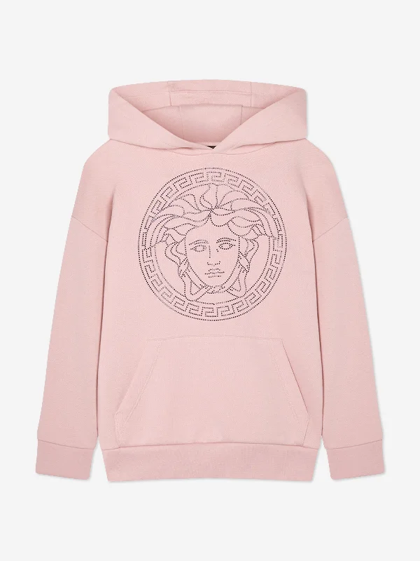 Versace Girls Diamante Medusa Logo Hoodie in Pink Hoodie with Color Block Contrast Stylish Versace Girls Diamante Medusa Logo Hoodie in Pink Hoodie with Color Block Contrast Stylish