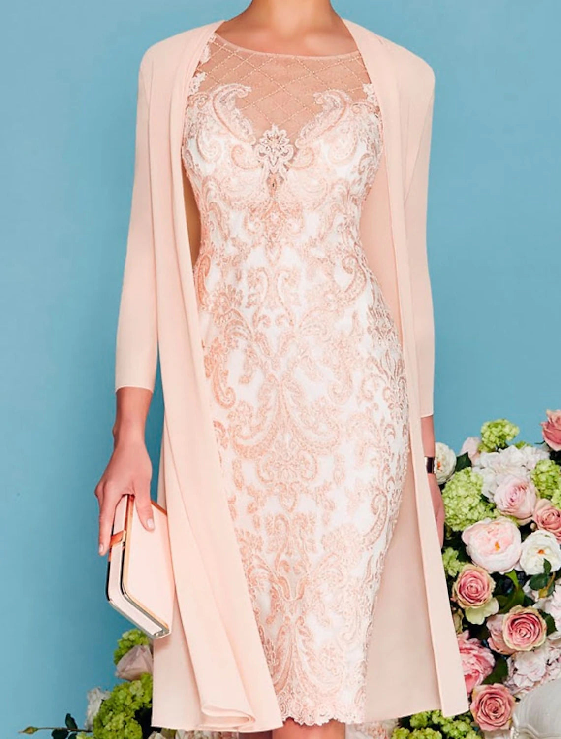 Two Piece Sheath / Column Mother of the Bride Dress Formal Wedding Guest Church Elegant Jewel Neck Knee Length Chiffon Lace 3/4 Length Sleeve Wrap Included Jacket Dresses with Beading Appliques Hooded Jacket Caped Jacket Shawl Collar Jacket Two Piece Sheath / Column Mother of the Bride Dress Formal Wedding Guest Church Elegant Jewel Neck Knee Length Chiffon Lace 3/4 Length Sleeve Wrap Included Jacket Dresses with Beading Appliques Hooded Jacket Caped Jacket Shawl Collar Jacket