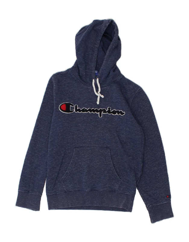 CHAMPION Womens Graphic Hoodie Jumper UK 6 XS Navy Blue Striped Cotton Zip Hoodie Drawstring Kangaroo Pocket