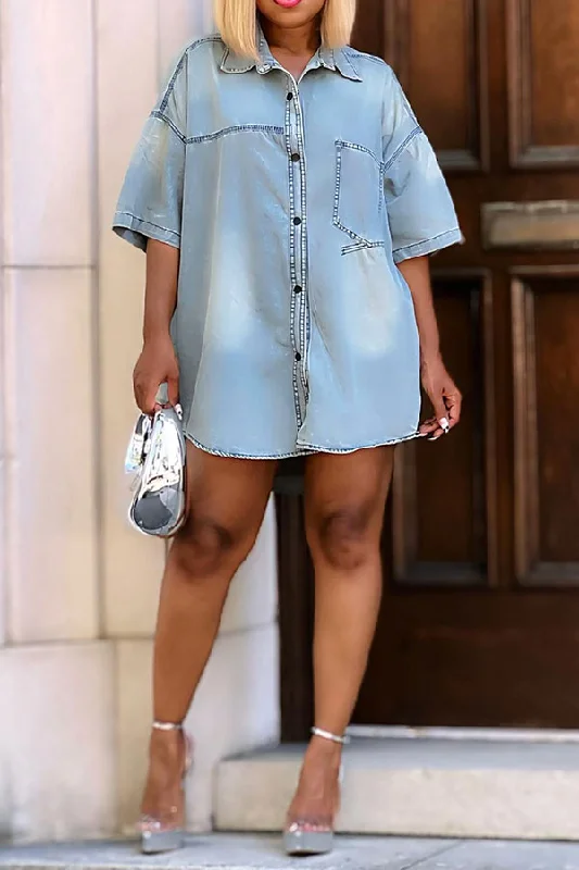 Gradient Denim Oversized Pocket Button Down Mini Dress Cozy Ribbed Mini Dress