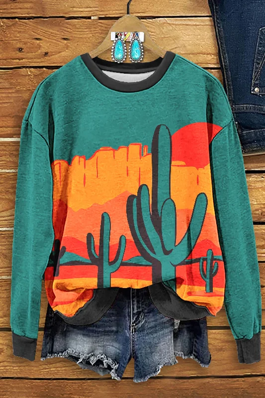 Western Cactus Print Sweatshirt Hoodie with Back Slit Movement Comfort
