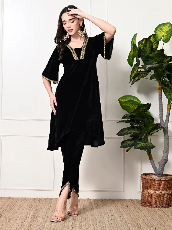 Myshka Women's Black Velvet Kurta Pant Modern Skinny Pants