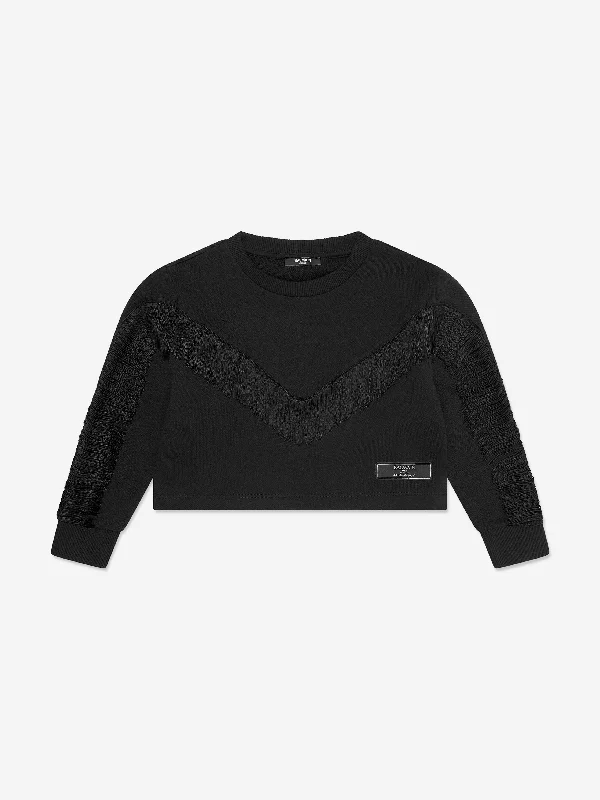 Balmain Girls Fringed Sweatshirt in Black Hoodie with Mock Neck Collared Structured