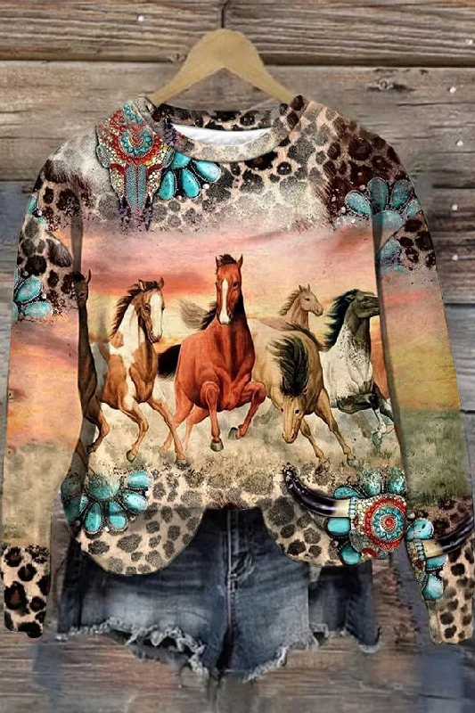 Western Vintage Horse Print Casual Crew Neck Sweatshirt Hoodie with Hem Contrast Bold Stylish Western Vintage Horse Print Casual Crew Neck Sweatshirt Hoodie with Hem Contrast Bold Stylish