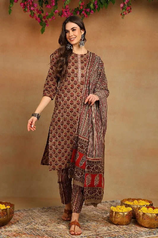 Ahika Cotton Beige Printed Straight Kurta Pant With Dupatta Trendy Work Pants