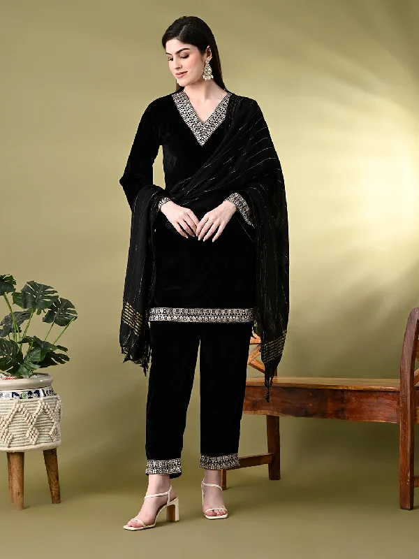 Myshka Women's Black Velvet Kurta Pant With Dupatta Set Cozy Fitted Pants