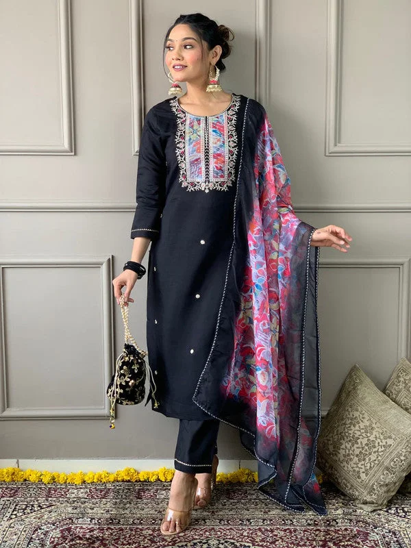 Malishka Export Women Embroidered Rayon Kurti With Pant & Dupatta Set - Black Classic Straight Pants Malishka Export Women Embroidered Rayon Kurti With Pant & Dupatta Set - Black Classic Straight Pants