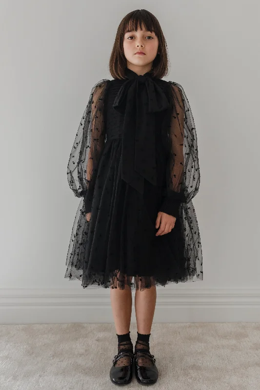 1233-Black Rose Flocked Mesh Bow Dress-Black Tunics Hiking breathable