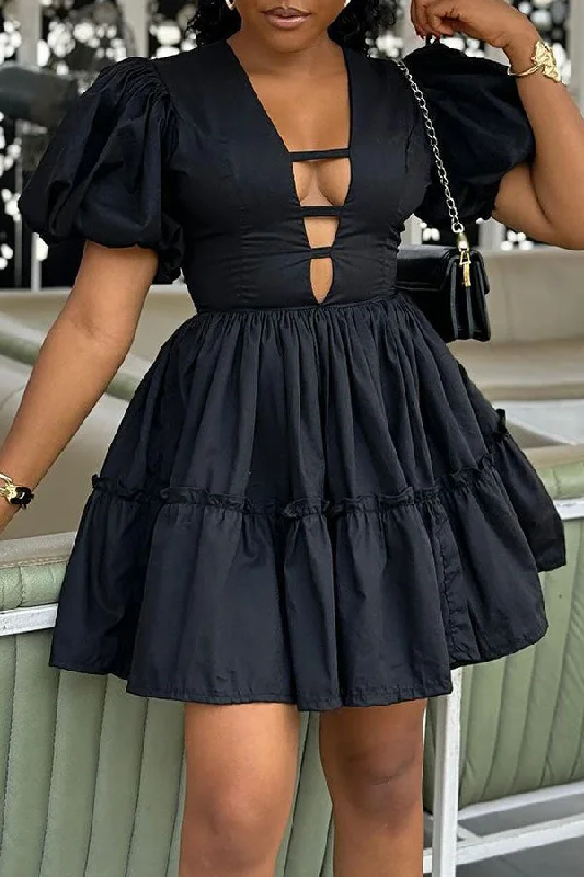 Solid Color Kitsch Cutout Tiered Ruffle Mini Dress Cozy T-Shirt Mini Dress