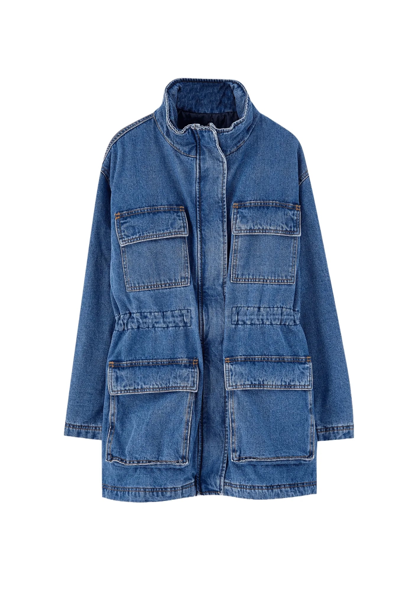DENIM LONG JACKET Boat Neck Shawl Collar Notched Collar
