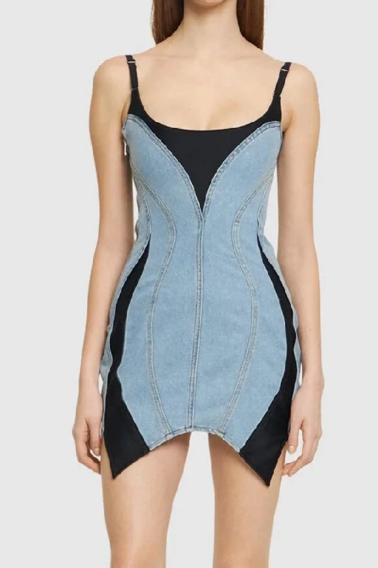 Washed Denim Patchwork Stylish Irregular Mini Dress Elegant Floral-Print Mini Dress