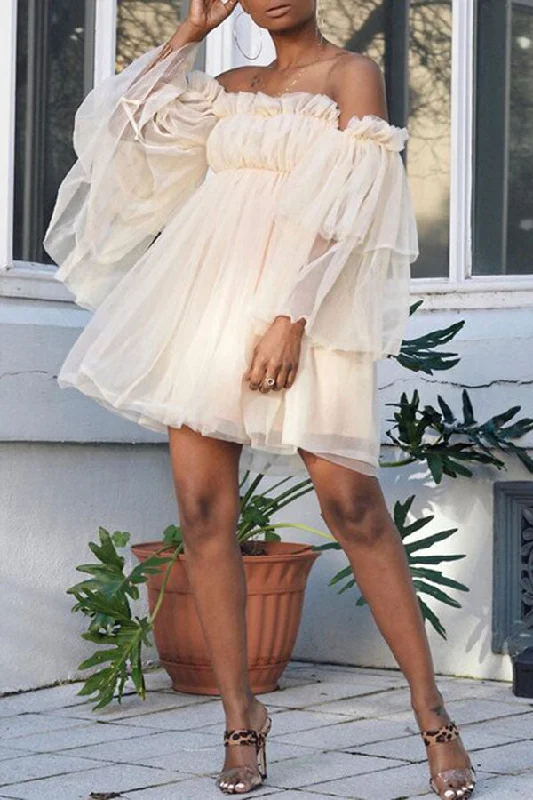 Solid Color Tulle Dramatic Tiered Mini Dress Elegant Vintage Mini Dress
