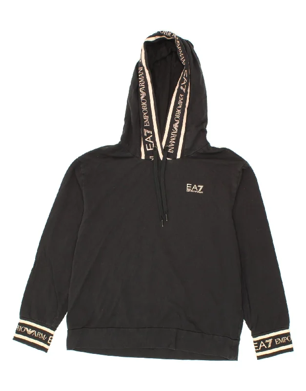 EMPORIO ARMANI Womens Graphic Hoodie Jumper UK 14 Medium Black Cotton Hoodie with Tied Waist Feminine Flattering