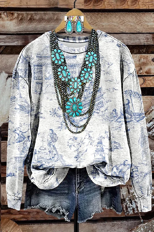 Retro Printed Sweatshirt Hoodie with Raw Hem Edgy Unfinished